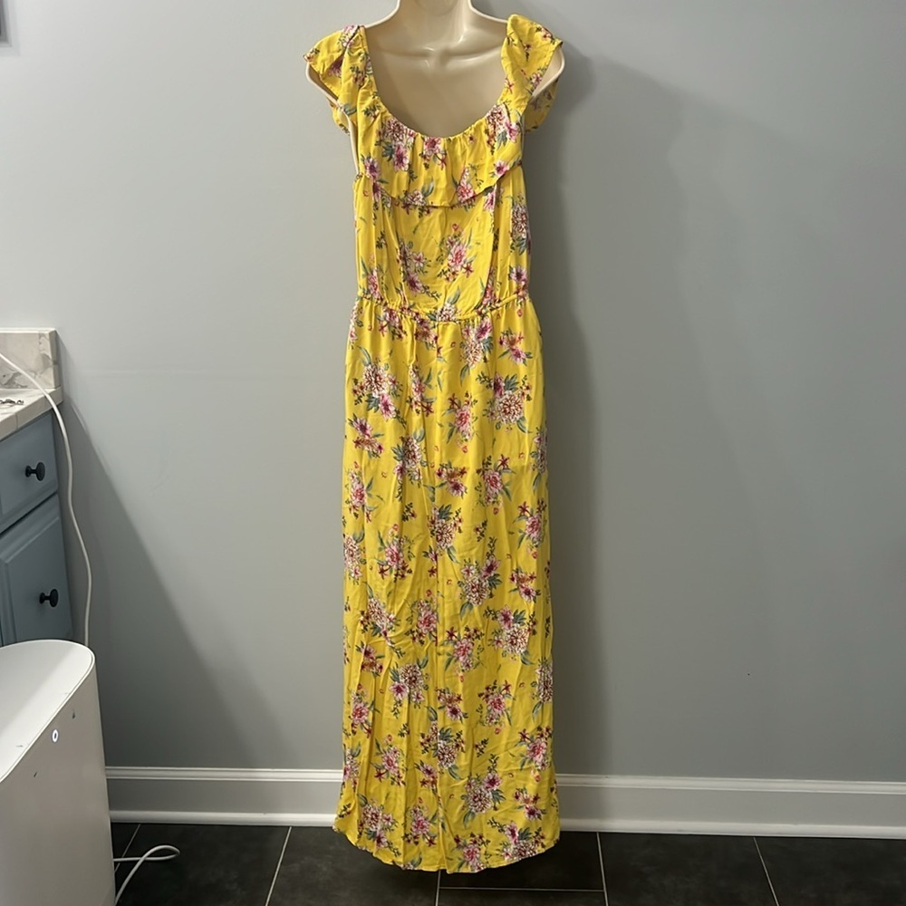 Kingston Grey Yellow & Pink Floral High Low Hem Ruffle Off the Shoulder Dress L - Picture 3 of 7